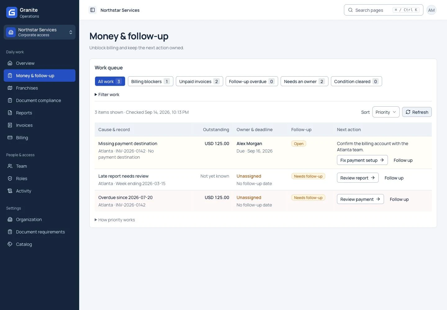 Current Granite app with navy navigation, clear priorities, and connected franchise records